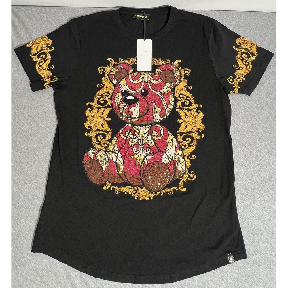 Franka Shirt Mens Extra Large Black Baroque Teddy Bear Rhinestone Graphic Gold